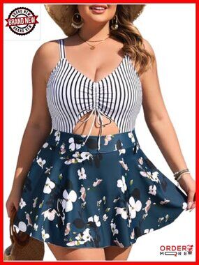 Plus Size One Piece Swim Dress Cutout V-Neck Bathing Suit with Skirt
